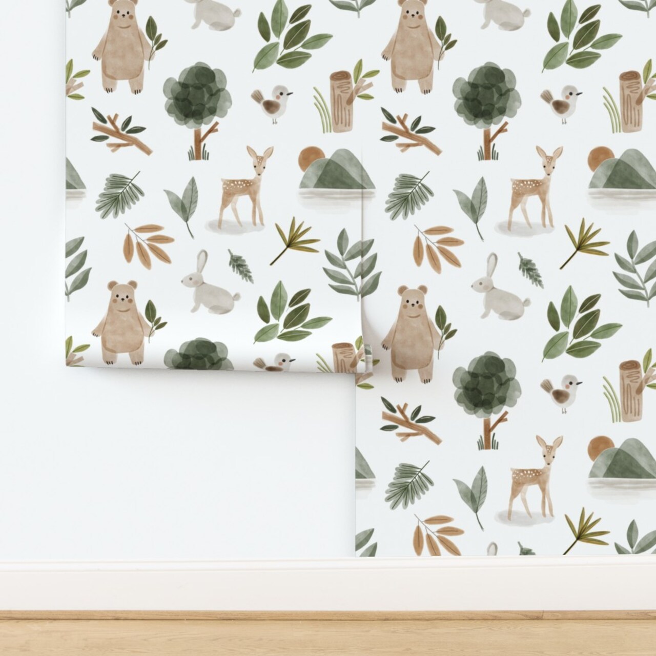 Forest Watercolor Nature Deer Woodland Baby Rabbit Bunny Bear Kids Spring Custom Removable Wallpaper by Spoonflower Peel & Stick Wallpaper 2FT Wide
